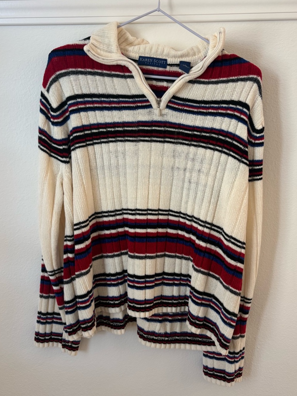 Karen Scott Vintage Boho Cream Zip-Up Sweater with Red and Navy Stripes